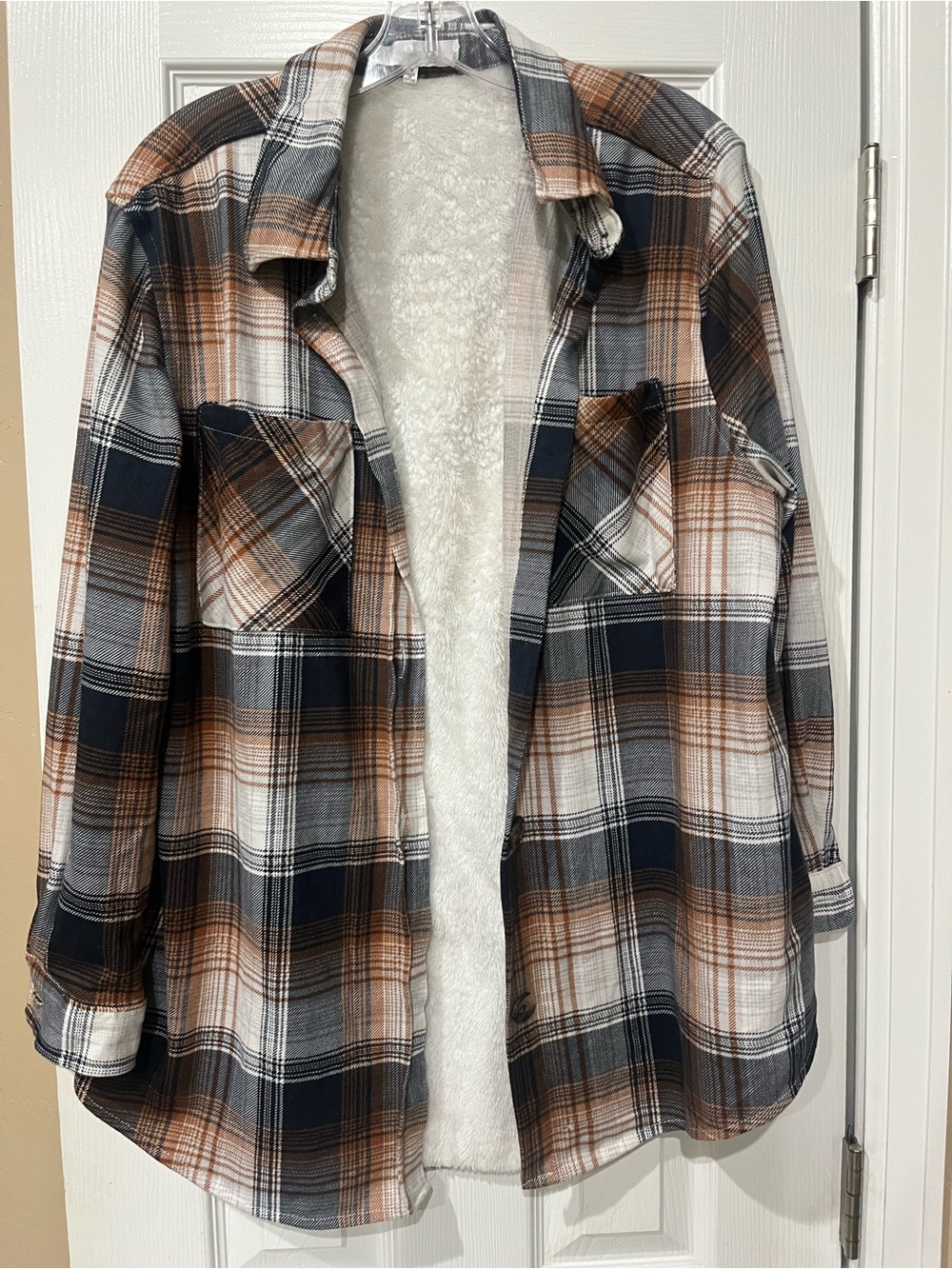 Eden & Olivia Plaid Teddy-Lined Shacket in Brown, Navy & Cream